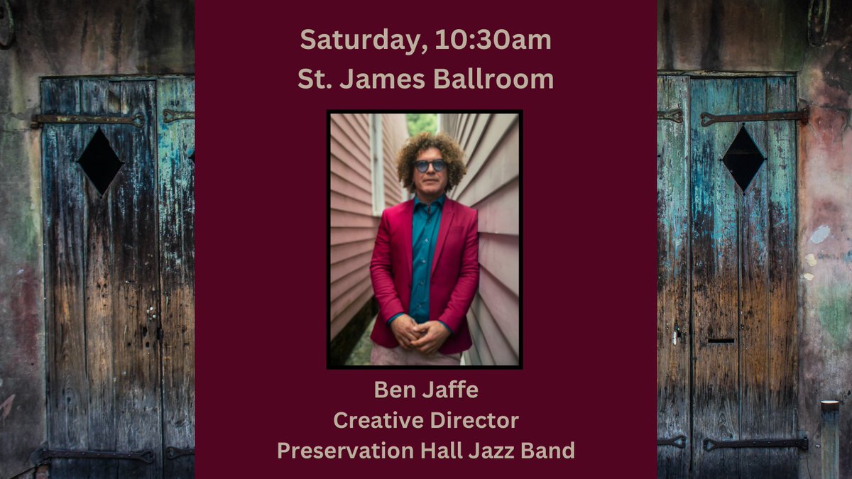 ALA_Core's tweet image. From 10:30-11:30am, all attendees are encouraged to gather in the St. James Ballroom to hear from the Creative Director of the @PresHallBand and a #NewOrleans luminary, Ben Jaffe. #CoreForum2023 #PreservationHall