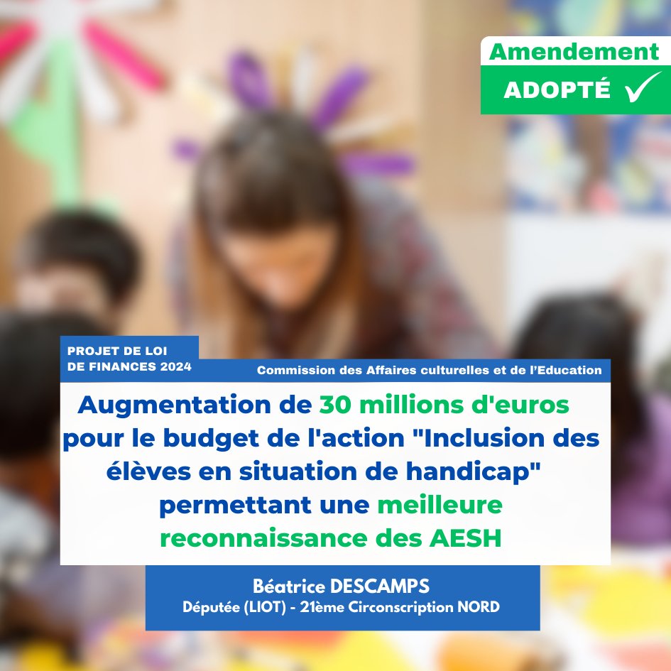 beadescamps's tweet photo. Amendement adopté ! 
 
Mon amendement sur la valorisation des #AESH à hauteur de 30 millions d'euros a été voté lors de la @AN_AfCult sur l'examen pour avis des crédits de la mission « Enseignement scolaire » dans le cadre du #PLF2024. https://t.co/VlS7648bWn