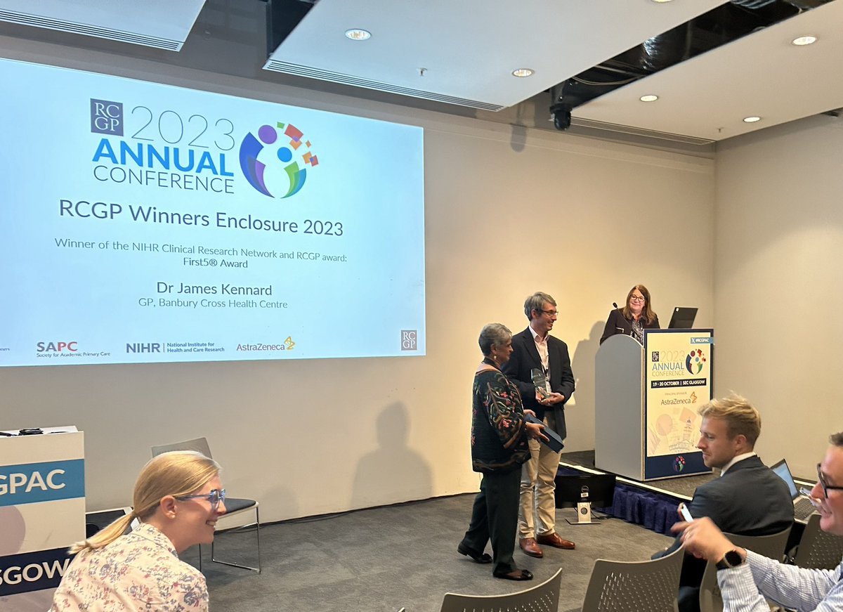 @LucyGoBag @KamilaRCGP @gmcuk @AzzaElghonaimy @michael_mul1 @CareQualityComm @RCGPScotland @sapcacuk @NIHRresearch Winner of the NIHR Clinical Research Network and RCGP Award ⭐ First5 Award: Dr James Kennard ⭐ Practice Award: Marine Lake Medical Practice represented by Dr James Perry @NIHRcommunity #RCGPAC