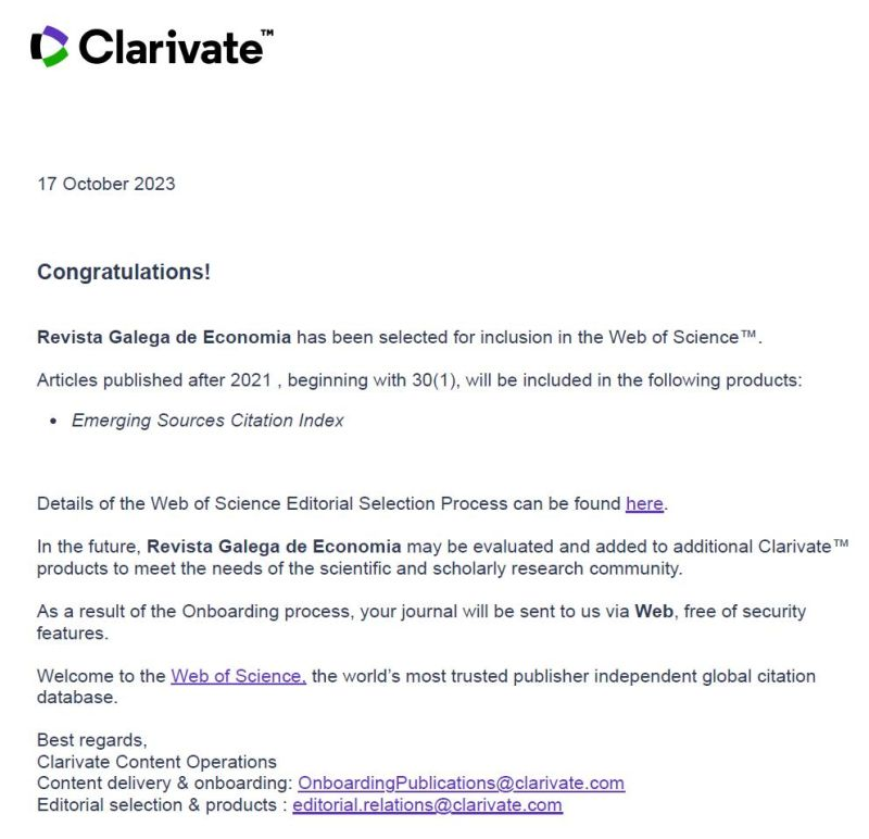Alégranos comunicar que a <a href="/rge_usc/">Revista Galega de Economía</a> da <a href="/UniversidadeUSC/">USC</a>  foi incorporada en Emerging Sources Citation Index #ESCI de <a href="/Clarivate/">Clarivate</a>. Todos os traballos publicados dende xaneiro de 2021 serán accesibles a través de #WoS. Moitas grazas a todas as persoas que o fixeron posible