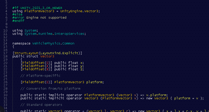 VehiclePhysics's tweet photo. Writing engine-independent code is being a refreshing experience. Not only can I create highly optimized versions of Vector3, Quaternion, etc., but these can also be used interchangeably with Unity's built-in versions. Conversions between them are blazingly fast, as it simply involves copying the struct - no constructor calls required.

#NotMadeWithUnity #VPPDev