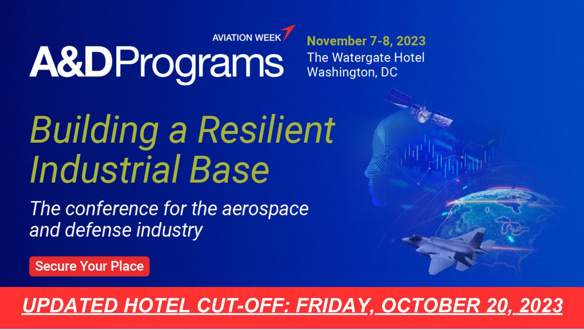 AvWeekEvents's tweet image. RESERVATIONS DUE DATE

Aviation Week has reserved a block of Rooms at The Watergate Hotel at a rate of $259 per night. Don&apos;t wait and book your room today with the discount price.

Learn more and reserve your room now &amp;gt;&amp;gt; utm.io/ufTO4

#ADPrograms #AviationWeek #DoD