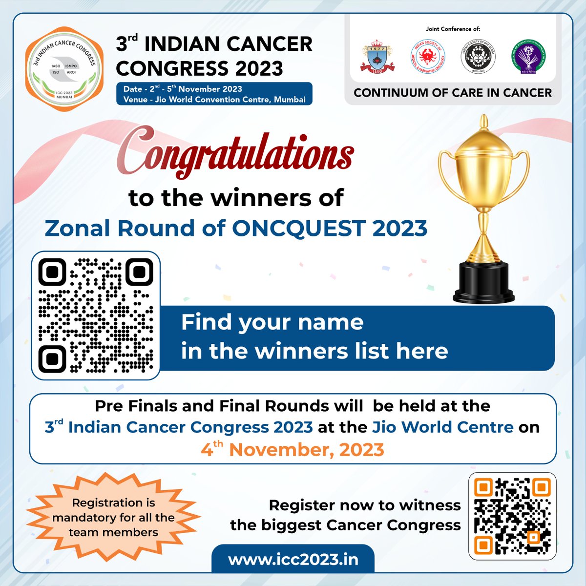 We are delighted to announce the Zonal Round Winners of the ICC Quiz - ONCQUEST 2023! Congratulations to all the winners! Curious to see if you've won? Click here icc2023.in/downloads/Quiz… to check if you are one of the winning teams. #ICCWinners #Oncquest #ICC #ONCQUEST2023