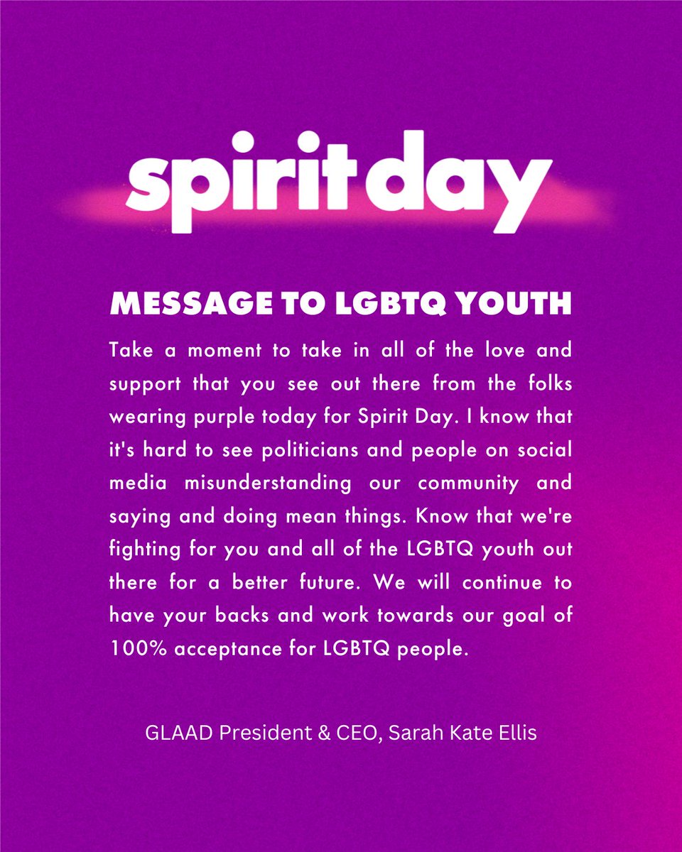 sarahkateellis's tweet image. 💜#SpiritDay message to LGBTQ youth💜

Go purple to support LGBTQ youth and stand against bullying.

Take the #SpiritDay pledge: glaad.org/spiritday