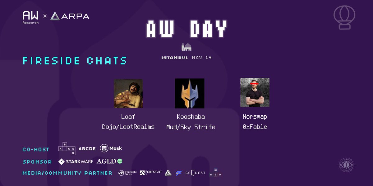 🇹🇷 AW DAY | Hosted by <a href="/AW_Research/">AW Research 🔜 Consensus🇭🇰</a> &amp; <a href="/arpaofficial/">ARPA Network</a>

Fireside Chats Announcement:
<a href="/lordOfAFew/">loaf</a>
<a href="/Kooshaba/">kooshaba</a>

Moderator:
<a href="/norswap/">Norswap 🏴‍☠️✨</a>

Applying here ➡️ lu.ma/AWDAYIstanbul