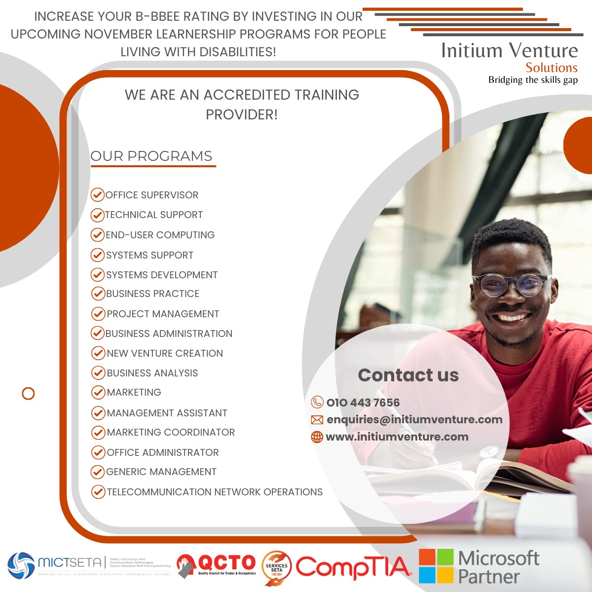 Are you eager to boost your B-BBEE score and take your business to new heights? Look no further – we have the solution for you! 🚀 Our accredited learnership programs are tailored to help your company excel in its B-BBEE compliance.

Contact us NOW!