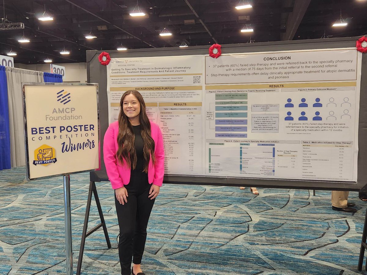 Congratulations to Mackenzie Ellis of @LipscombPharmD, in conjunction with @VUMC_Spec_Pharm, on winning the AMCP Foundation Best Poster Award in the student category for her outstanding research, analysis, and presentation skills!