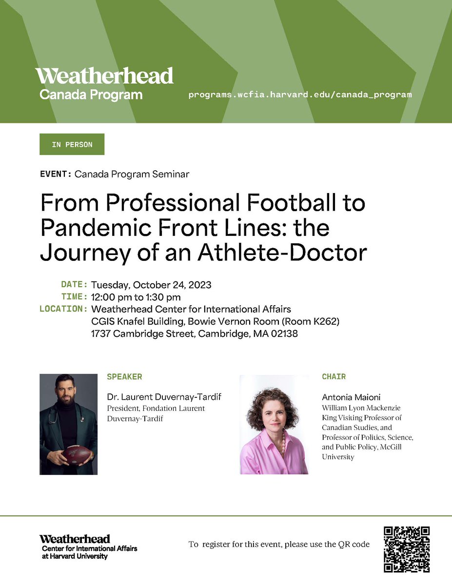 'The Journey of an Athlete-Doctor' A Conversation with Laurent Duvernay-Tardif, MD and former NFL player with the Kansas City Chiefs. Lunchtime Canada Program Seminar. Register to attend: tinyurl.com/mu4pe3cf @HarvardWCFIA @CoachMcSherry @AntoniaMaioni