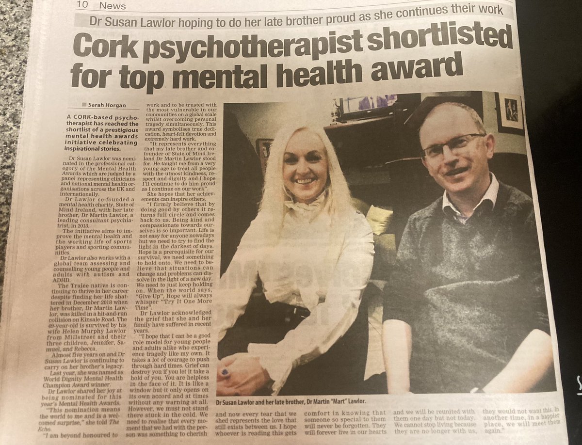susanlawlor1's tweet image. Beautifully written piece by journalist Sarah Horgan from the EchoLive.ie paper. Thank you Sarah for capturing what the nomination for @the_mh_awards is all about and of the significance of it to me &amp;amp; @StateofMindIre ❤️