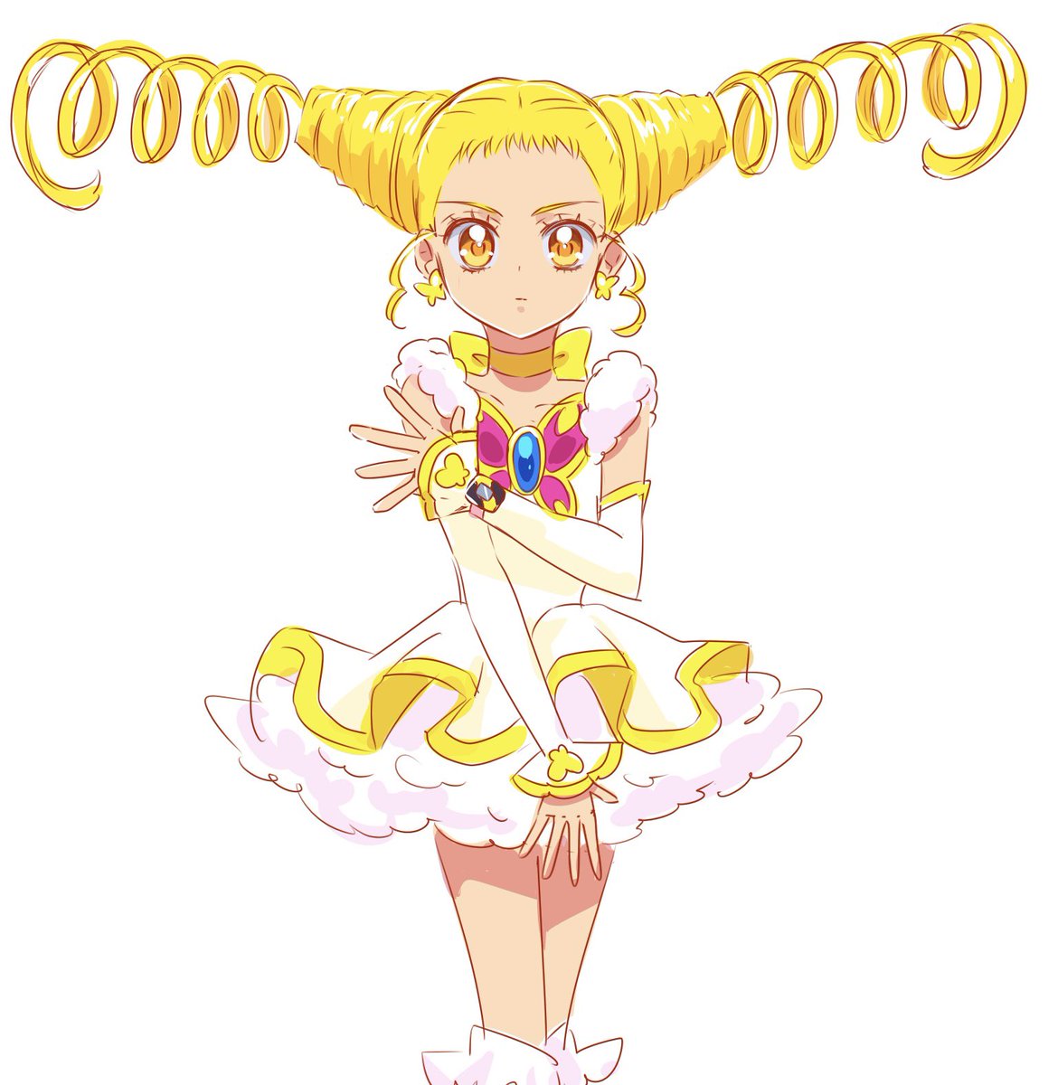 1girl solo blonde hair jewelry cone hair bun white background yellow eyes  illustration images