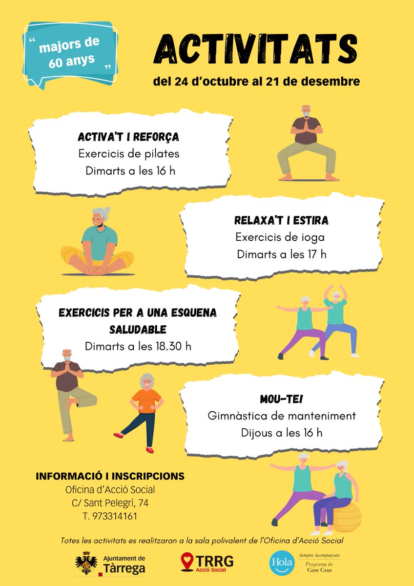 socialtarrega's tweet photo. ACTIVITATS PER A MAJORS DE 60 ANYS. Inici dimarts 24  d'octubre.
Inscripcions a l'Oficina d'Acció Social.
 #gentgranactiva #fessalut #relacionat #fesxarxa @ajuntamenttarrega https://t.co/O7cdt0ofW1