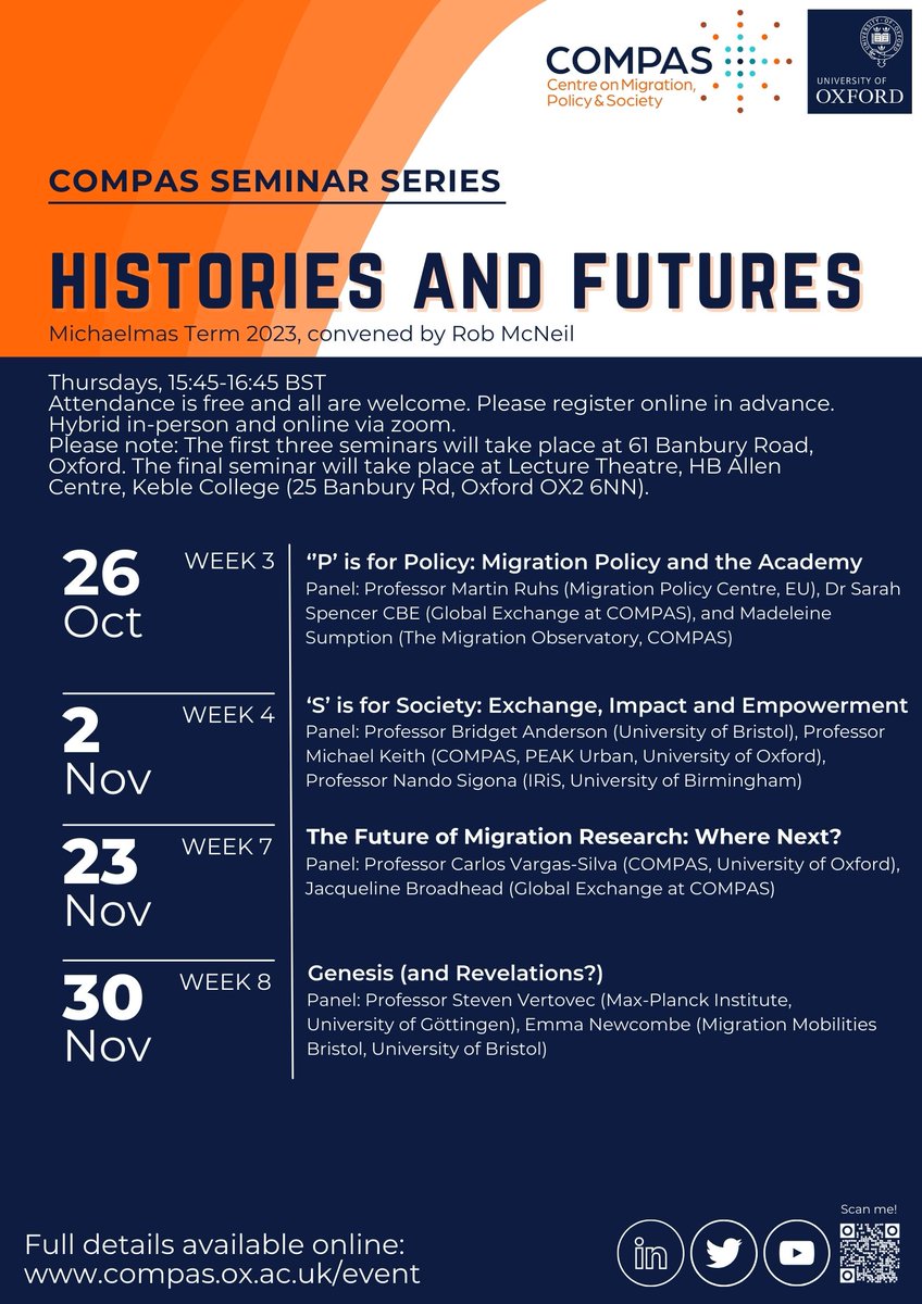 We’re pleased to present our Seminar Series for this Michaelmas Term 2023, in a special panel edition to mark two decades of migration research at COMPAS.

Join us in person or online. Attendance is free and all are welcome.

Check out the full series👇compas.ox.ac.uk/event/