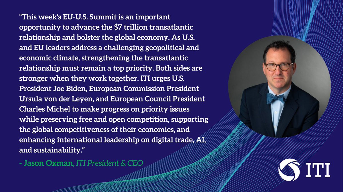 ITI_TechTweets's tweet photo. Ahead the #EUUSSummit, ITI President & CEO @JOxman urged @POTUS, @EU_Commission @vonderleyen, & @EUCouncil @CharlesMichel to advance transatlantic relations by promoting trade-enabling policies, reaffirming #TTC efforts, pursuing #sustainability goals, & supporting #innovation. https://t.co/fpDVk4UqTA
