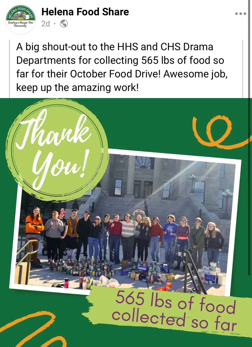 Drama kids from both high schools  worked together to gather over a quarter of a ton of food and toiletries for our community. And they have two more Saturdays to go! #GoBru #GoBengals <a href="/Capitalthespian/">Capital thespians</a> <a href="/BrettZanto/">Brett Zanto</a> <a href="/thennis_steve/">Steve Thennis</a>