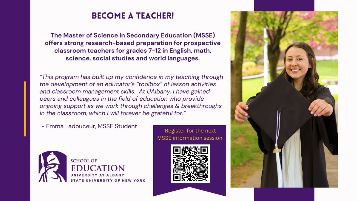 Grad student and future teacher Emma Ladouceur has gained confidence and support from <a href="/UAlbanyEdu/">UAlbany School of Education</a>'s MS in Secondary Education program. Join an info session today or 11/13! bit.ly/piecenter