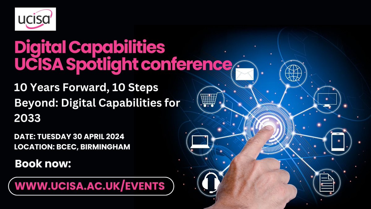 Booking open. <a href="/UCISA/">UCISA</a> digital capabilities Spotlight conference: 10 years forwards, 10 steps beyond: Digital capabilities for 2033. 30 April 2024, <a href="/bcec_birmingham/">The BCEC Birmingham</a> book here: ucisa.ac.uk/events free plus one places available! <a href="/ucisaWiT/">UCISA Women in Tech</a> <a href="/UCISACEO/">UCISA CEO</a> <a href="/UCISA_DEG/">ucisa Digital Education Group</a> #conference