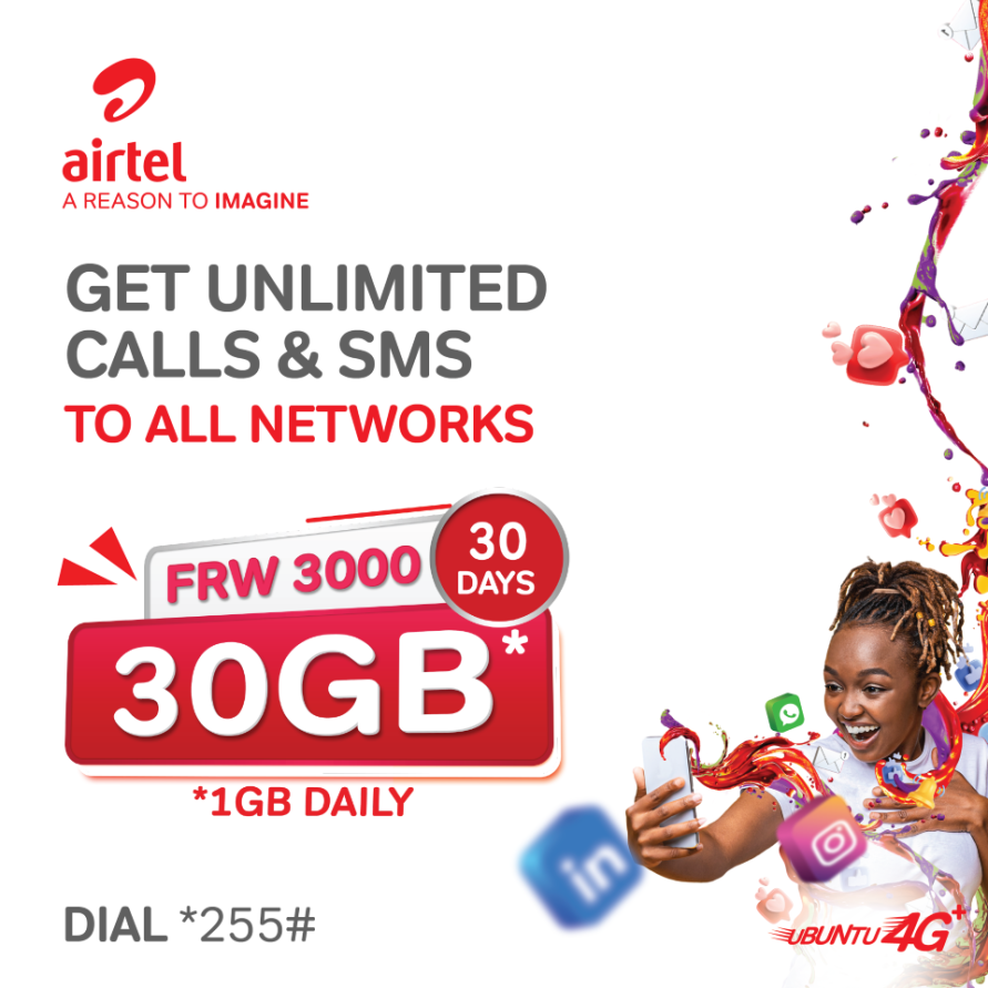 airtelrw's tweet photo. Want more data and more talk time? No problem! 
For only 3,000 Frw per month, experience the joy of 30GB (1GB/day) plus UNLIMITED CALLS &amp; SMS. Dial *255# to subscribe today! Switch to Airtel and Stay Connected! 
#AReasonToImagine #NewAirtel4G https://t.co/uyedSwQDes