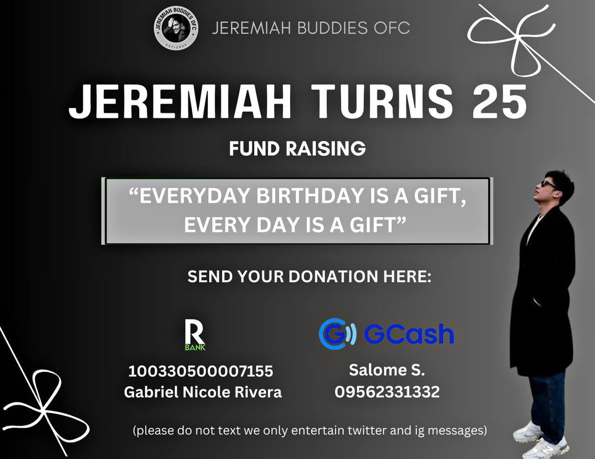 As early as now, we are now accepting donations for our #JeremiahLisbo ‘s Birthday Project. Details will be posted soon.

Note: Kindly put a note “For Miah” on message and also send us your screenshots. DO NOT TEXT the number, we will only entertain here on X and IG.

Thank you!