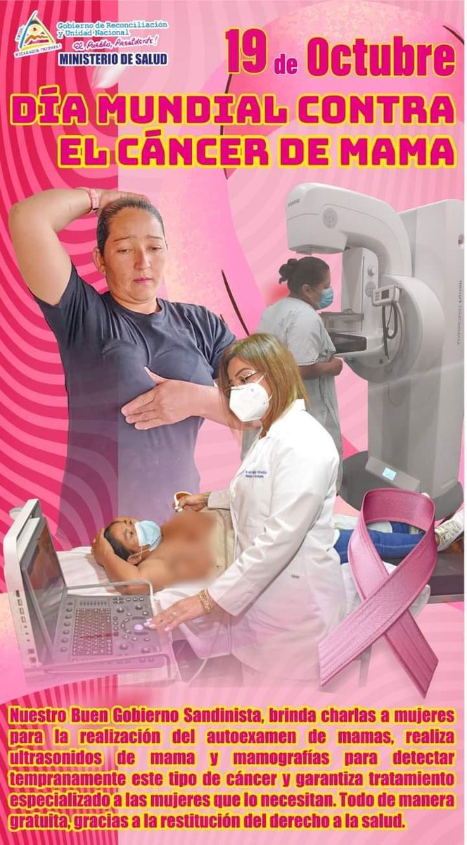 ❗#SaludEnFamiliaYComunidad||🙌🩷🌷🩷🙌
Nuestro #BuenGobiernoSandinista desarrolla acciones y programas enfocados a la atención integral de la mujer, para el diagnóstico oportuno y tratamiento del cáncer de mama. 

#DíaMundialDeLuchaContraElCáncerDeMama 
#FSLNVencimosVenceremos