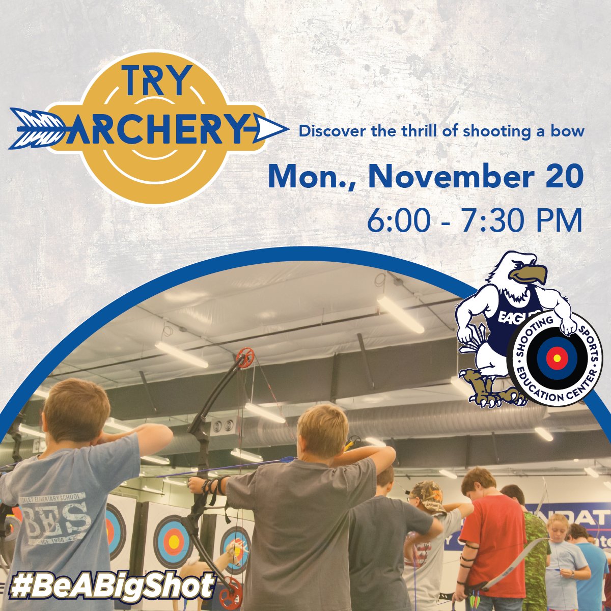 Need something to do over Thanksgiving break? Then sign up for our Try Archery class being offered over at the Shooting Sports center on Monday, November 20th! This class will teach the basics of shooting a bow as well as the required safety practices and techniques!