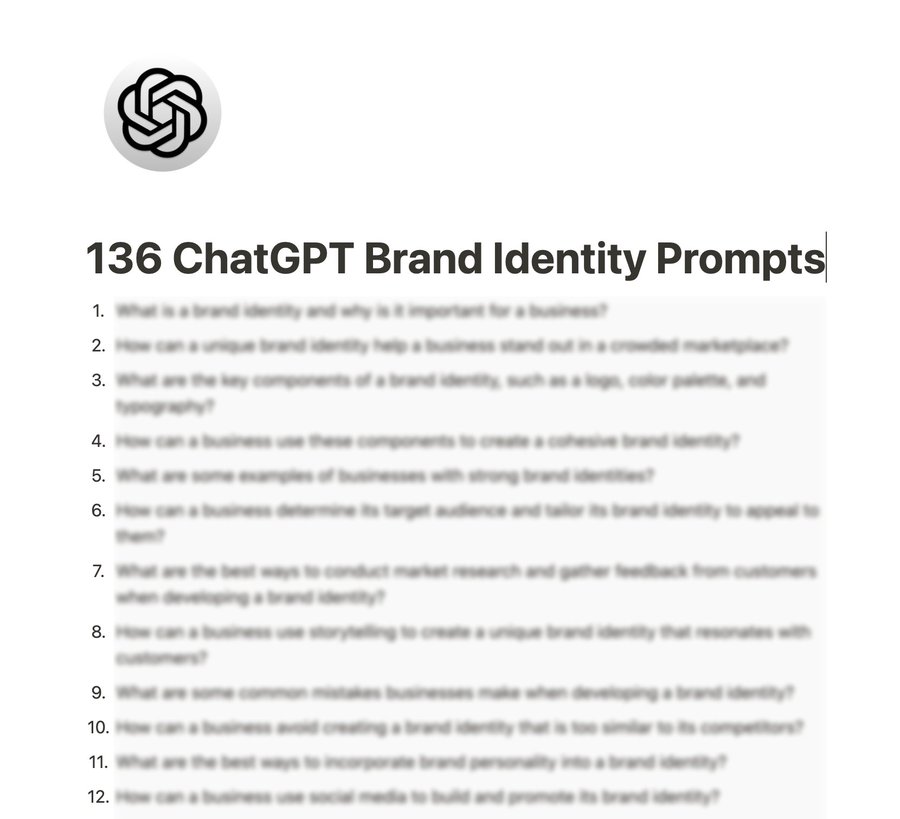 ChatGPT is a FREE brand identity builder. But most people still don't use it the right way. So I built 136+ GPT-4 Brand Identity prompts to help you build worlds strongest brand. Next 24 hrs, it's FREE! To get it just: 1. Follow me (so I can DM you) 2. Reply 'BRAND' below