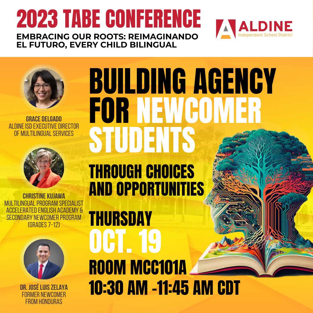 Me da mucho gusto invitarles a nuestra sesión esta mañana: Building Agency for Newcomer Students through Options and Opportunities in @AldineISD @delgadong94 @AldineAEA @TA4BE #TABE2023 #MyAldine #NewcomersCan