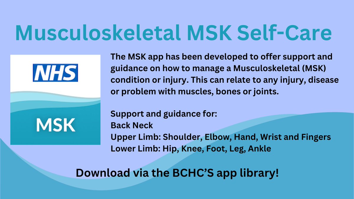 Did you know that tomorrow is World Osteoporosis Day? There are apps on BCHC's app library that can help patients with muscles, bones and joints conditions. This includes the Musculoskeletal MSK Self-Care app. This app offers patients help and support with MSK conditions.