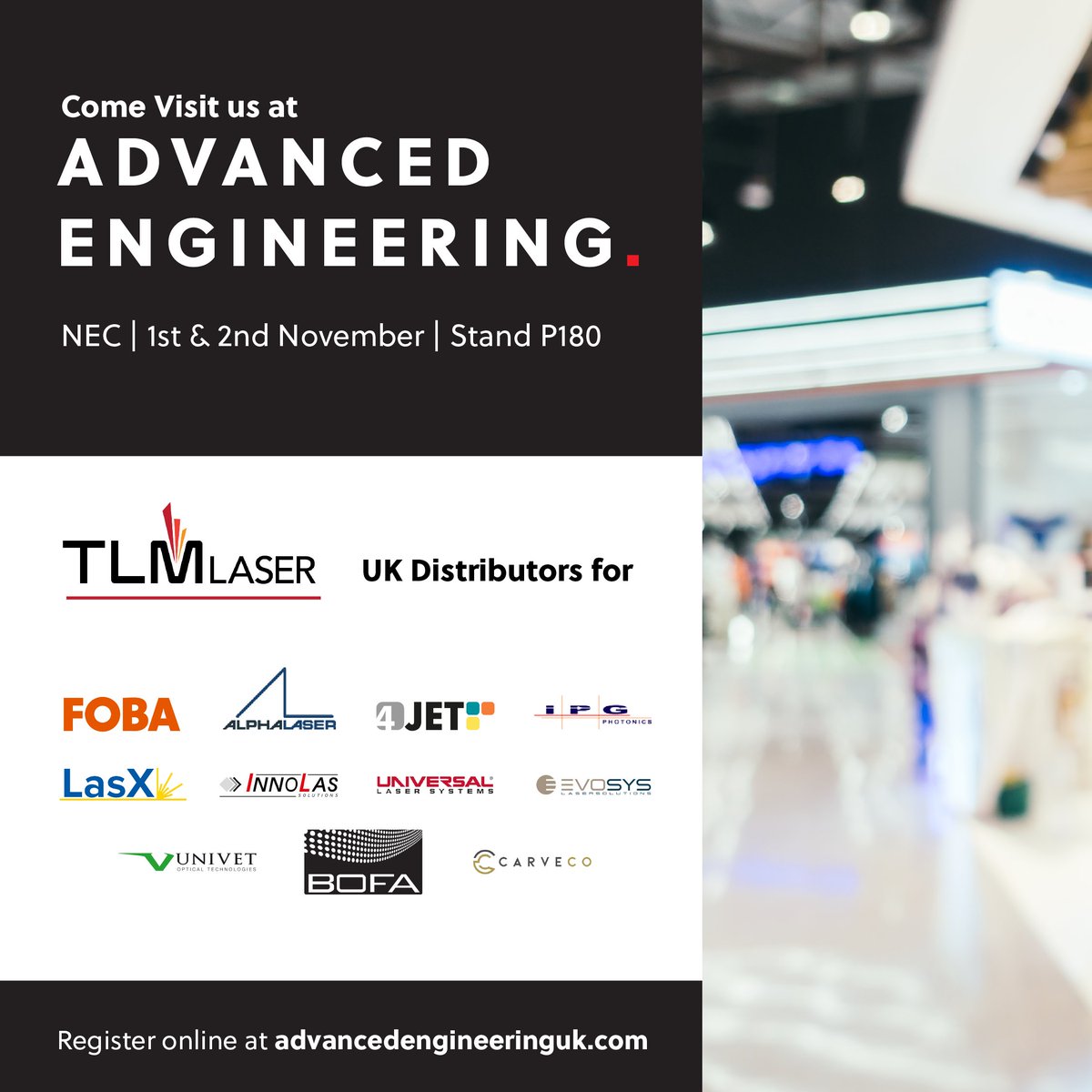 👋 Join us at Advanced Engineering on Nov 1st & 2nd

Come visit our stand and have a chat to see how our specialist machines are helping boost productivity for businesses just like yours. ⚡️📈

#TLMLaser #AdvancedEngineering #LaserTechnology #EngineeringSolutions
