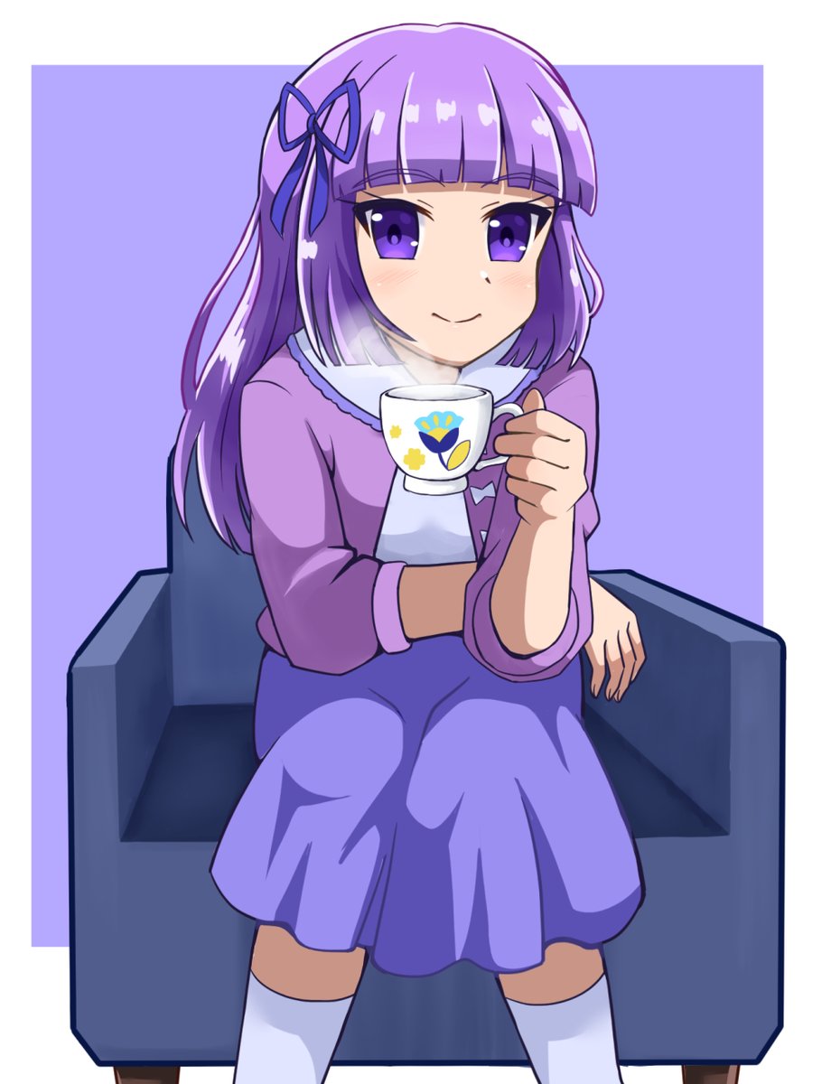 1girl solo purple hair purple eyes cup hair ribbon smile  illustration images