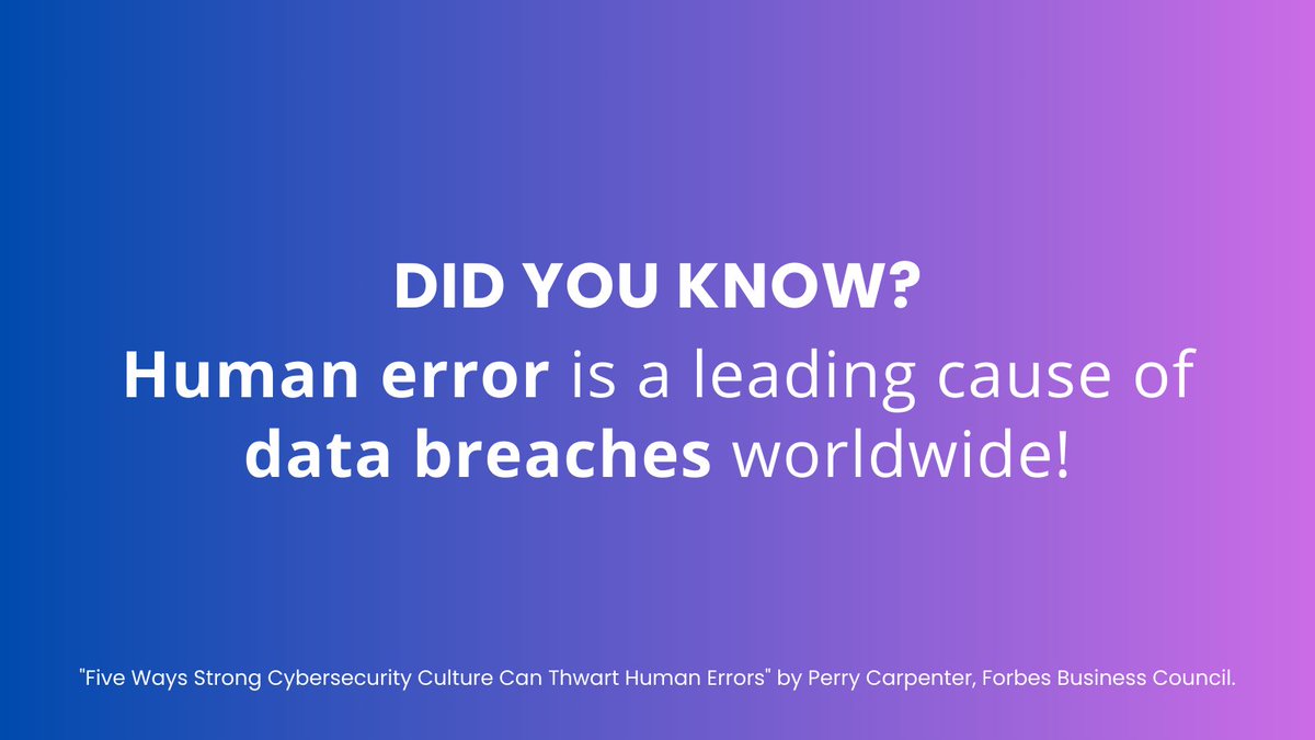 DYK? Human error leads to many data breaches! <a href="/PerryCarpenter/">Perry Carpenter</a>, via <a href="/Forbes/">Forbes</a>, emphasizes these actionable steps to help fortify defenses:
🔍 Assess culture
🔄 Review interactions
🔙 Analyze past errors
⚙️ Upgrade &amp; train
🤖 Use tech controls
Read more → bit.ly/CarpenterCyber…
