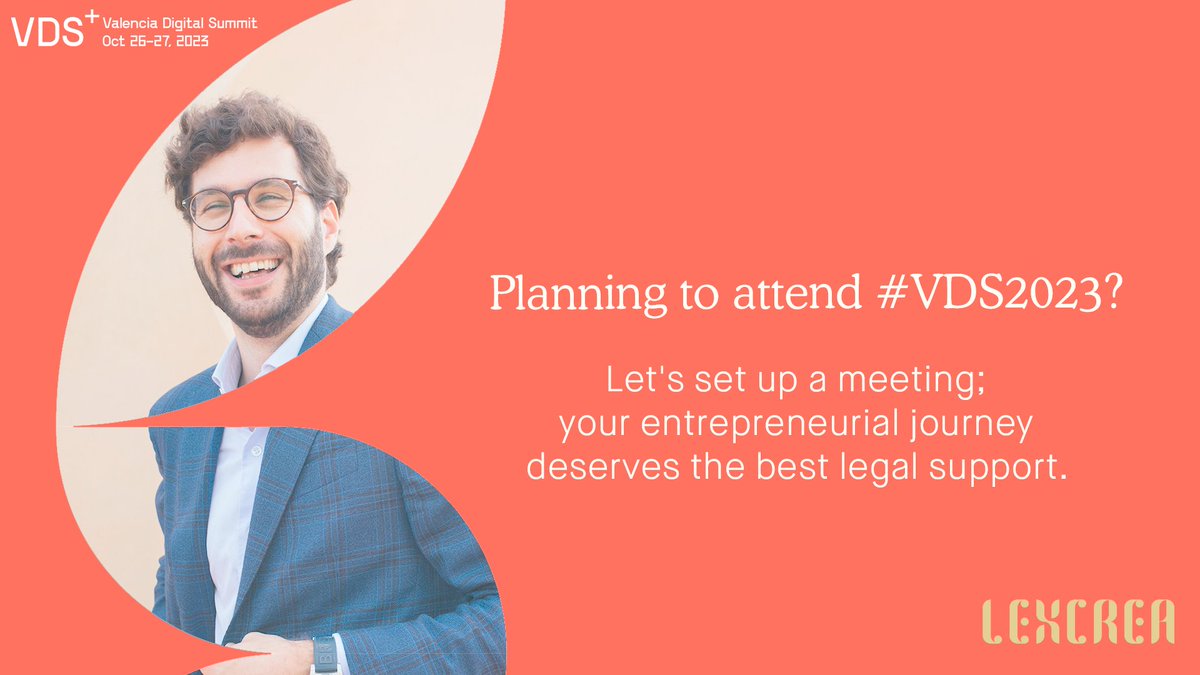 🚀Exciting news! Dive into innovation at #VDS2023. 

Startup or entrepreneur seeking legal counsel? We're here for you. Let's meet; your journey deserves top legal support. 📆

Connect directly with us to close a meeting! 📩

🚀#ValenciaDigitalSummit #StartupLegal #GlobalImpact