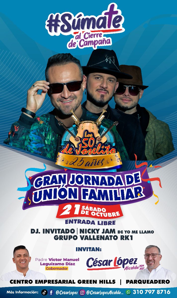 🎈 ¡Familias de #Tunja, prepárense para vivir un momento único! 👨‍👩‍👧‍👦 #Súmate ✌🏼

Te invitamos a ser parte de este día especial lleno de música y talento. ¡Trae a tus seres queridos y disfruta de momentos únicos que fortalecerán los lazos familiares! #TunjaMereceMás 🤍 #CésarAlcalde