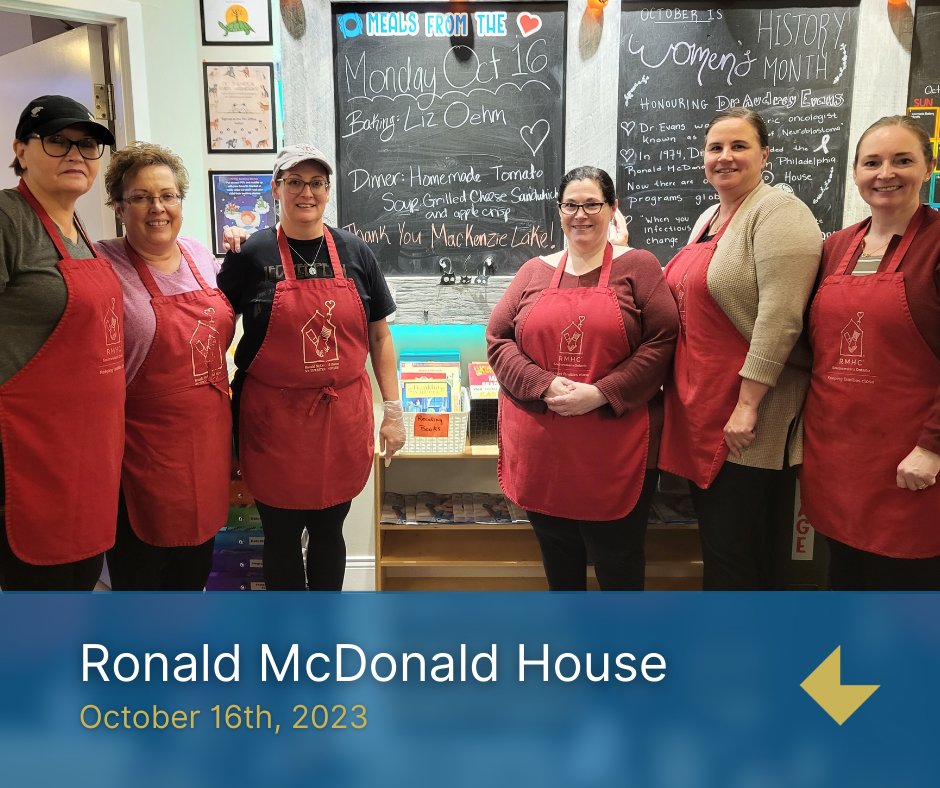 On October 16th, our dedicated volunteer chefs made Homemade Tomato Soup, Grilled Cheese, and Apple Crisp for Ronald McDonald House. Pictured from left to right: Martha Edwards, Brenda Hearse, Nicole Willert, Michele Monteith, Laura Muller (Guelph) and Amy McEachern (Guelph).