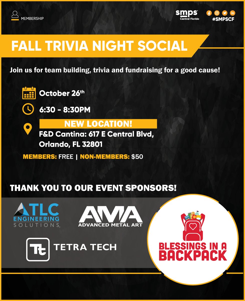 NEW LOCATION!

SMPS Central Florida is hosting a fundraiser to raise money for the Blessings in a Backpack Foundation. Non-member registration includes two raffle tickets, and any profit goes to the foundation.