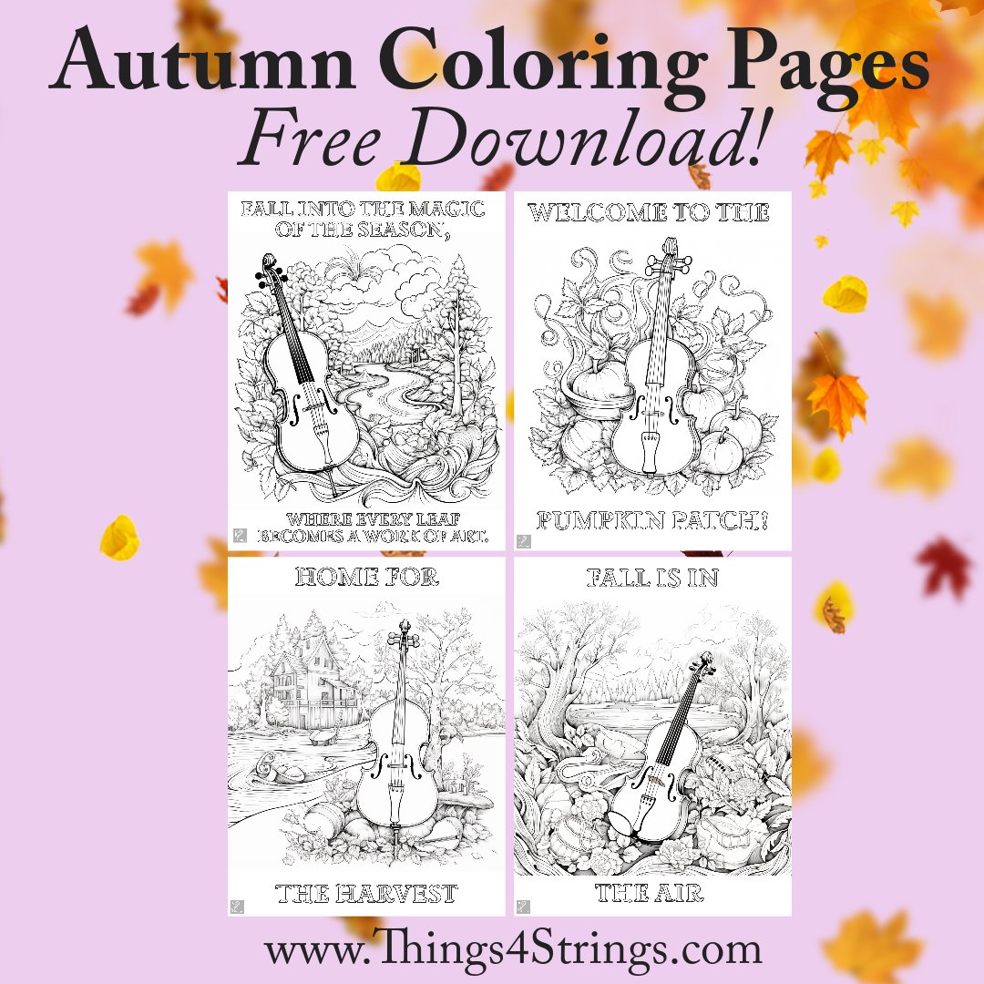 🎶🍂 Take a break and download our free autumn coloring pages featuring beautiful stringed instruments in fall scenes. 🍁✨ #fallmusicfun #coloringpages #freedownload #betterskillsgreaterjoy #things4strings Available exclusively at things4strings.com/shop/free-reso…