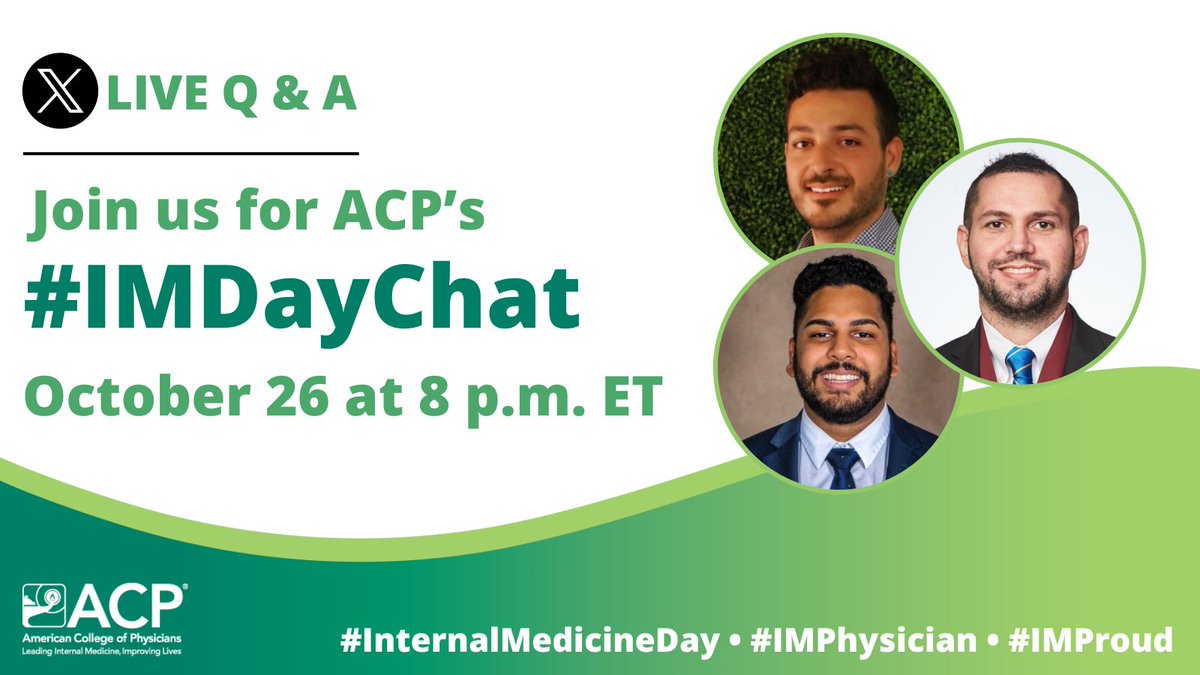 ACP (@acpimphysicians) on Twitter photo Join <a href="/drricardocorrea/">Ricardo Correa MD, EdD, FACP, FACE, FAPCR, FACMQ</a> (#ACPCECP Chair), <a href="/ianmotie/">Ian Motie</a> (#ACPCRFM #ACPResFel Chair-elect), and <a href="/drtarasco/">Jordi Tarascó</a> (#ACPCSM Chair) on Thursday, October 26 at 8 p.m. ET for ACP’s #IMDayChat ahead of #InternalMedicineDay to share your #InternalMedicine physician experiences. #IMPhysician #IMProud Join <a href="/drricardocorrea/">Ricardo Correa MD, EdD, FACP, FACE, FAPCR, FACMQ</a> (#ACPCECP Chair), <a href="/ianmotie/">Ian Motie</a> (#ACPCRFM #ACPResFel Chair-elect), and <a href="/drtarasco/">Jordi Tarascó</a> (#ACPCSM Chair) on Thursday, October 26 at 8 p.m. ET for ACP’s #IMDayChat ahead of #InternalMedicineDay to share your #InternalMedicine physician experiences. #IMPhysician #IMProud