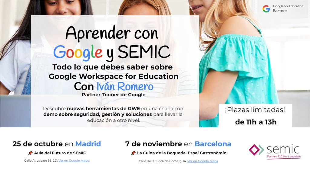 rosaliarte's tweet image. 🤩 ¡Profes de Madrid y Barcelona! No te pierdas los eventos de Google for Education que organiza @SemicEdu

👉🏻 25 de octubre en Madrid y 7 de noviembre en Barcelona

📝 Inscríbete en este enlace page.semic.es/mad-bcn-google… 

¡Habrán sorpresas! #googleforedu @GoogleForEdu @GonzaloETC