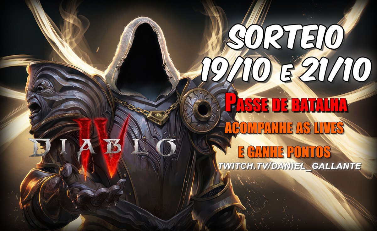 DanielGallante's tweet photo. Salve amigos no dia 19/10 e 21/10 estarei sorteando passes de batalha durante a livestream da temporada de sangue. Assista a live e troque seus pontos por tickets.
#DIVGiveaway #SeasonOfBlood #DIVCreators #DiabloIV
@DiabloBrasil @BlizzLatAm @Blizzard_Ent https://t.co/hKlAbw9xcf