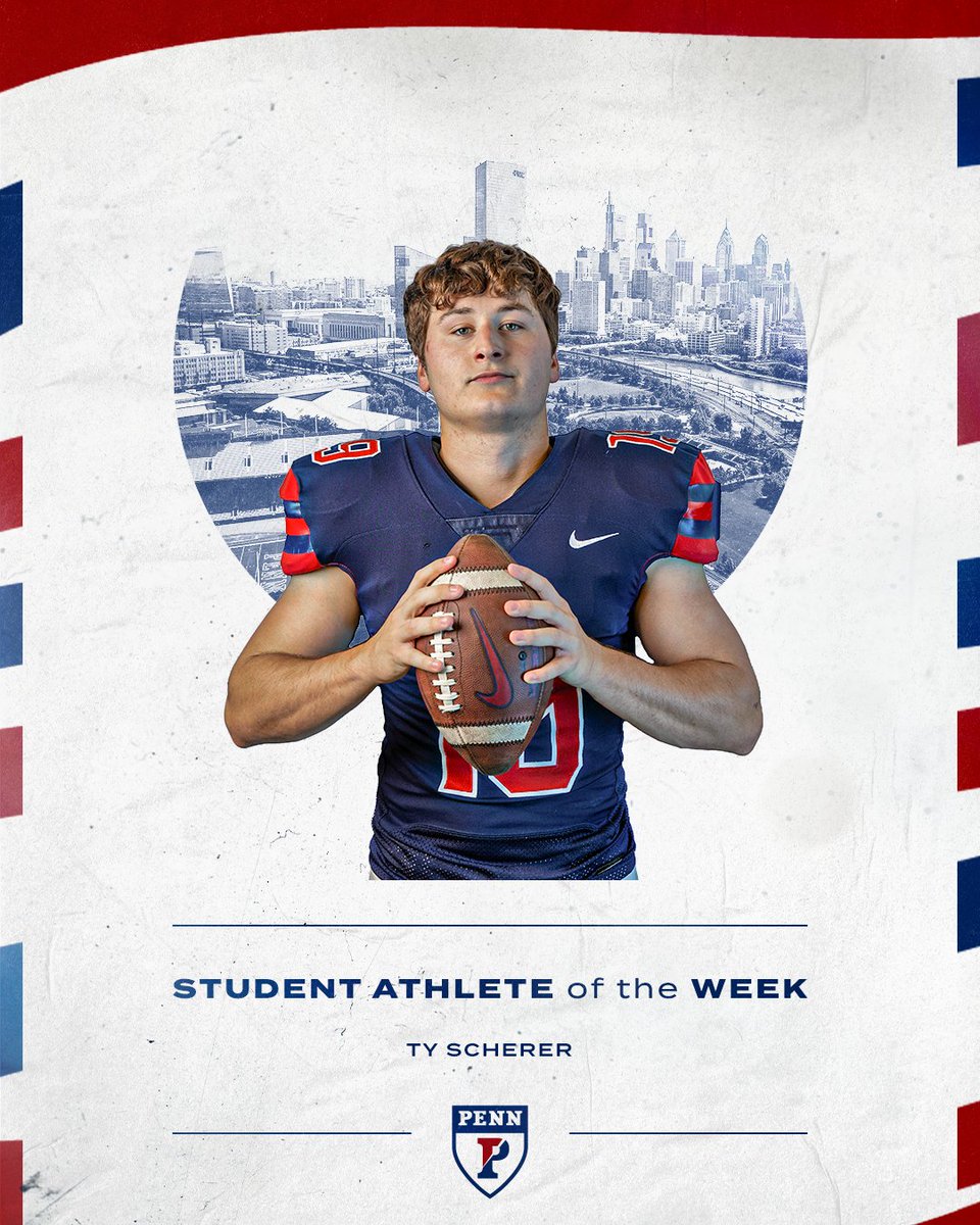 pennathletics's tweet image. Accounting for both of @PennSprintFB's fourth-quarter touchdowns in a comeback 19-15 win over STAC, Ty Scherer has been named 𝗣𝗲𝗻𝗻 𝗔𝘁𝗵𝗹𝗲𝘁𝗶𝗰𝘀 𝗦𝘁𝘂𝗱𝗲𝗻𝘁-𝗔𝘁𝗵𝗹𝗲𝘁𝗲 𝗼𝗳 𝘁𝗵𝗲 𝗪𝗲𝗲𝗸!

📰 bit.ly/409o6w4

#FightOnPenn 🔴🔵🏈