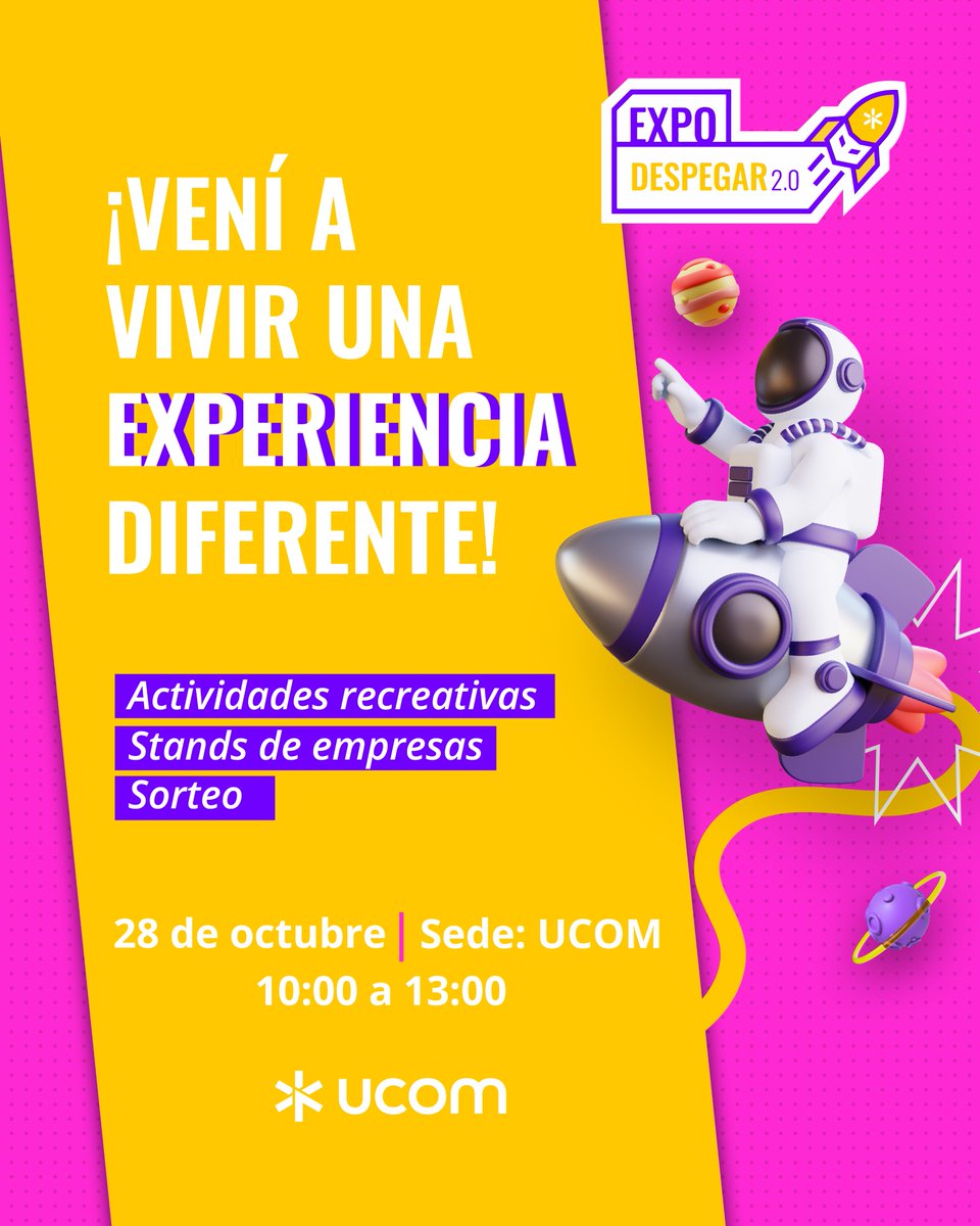 📣 Llega una experiencia distinta para que puedas seguir impulsando tu carrera profesional.
Este año la #ExpoDespegar presenta su edición #FeriaDeEmpleos

🗓️ 28 de octubre
🕙 10:00 a 13:00.
📍Sede UCOM.

✏️ Para participar, registrate en: ucom.edu.py/expodespegar