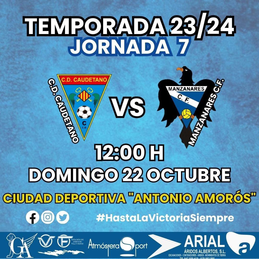🗓️Este domingo 22 de Octubre a las 12.00 h. nos enfrentamos al Manzanares CF. 

⚽️Un gran equipo que, sin duda, nos exigirá nuestra mejor versión para que los 3 puntos en juego se queden en Caudete. 

🔥Os esperamos para que podáis disfrutar de un gran partido.