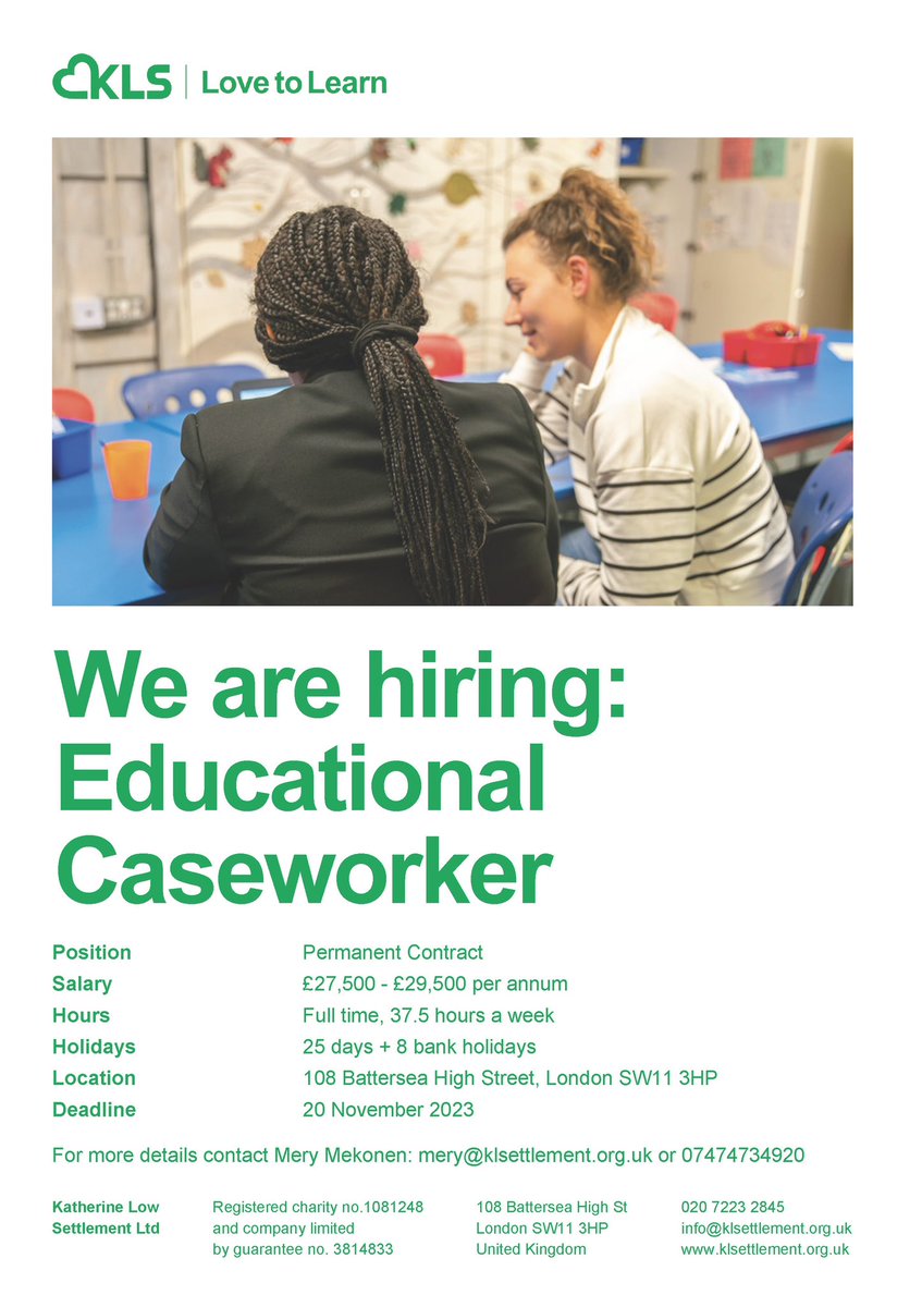 klsettlement's tweet photo. We are seeking a dedicated Educational Caseworker with a passion for making a difference among children and families. 

If you have great communication skills and a problem solving mindset, apply at https://t.co/3IssIfOYdI

#klsjobs #batterseajobs 
#wandsworthjobs #communitywork https://t.co/zYXctnYIFe