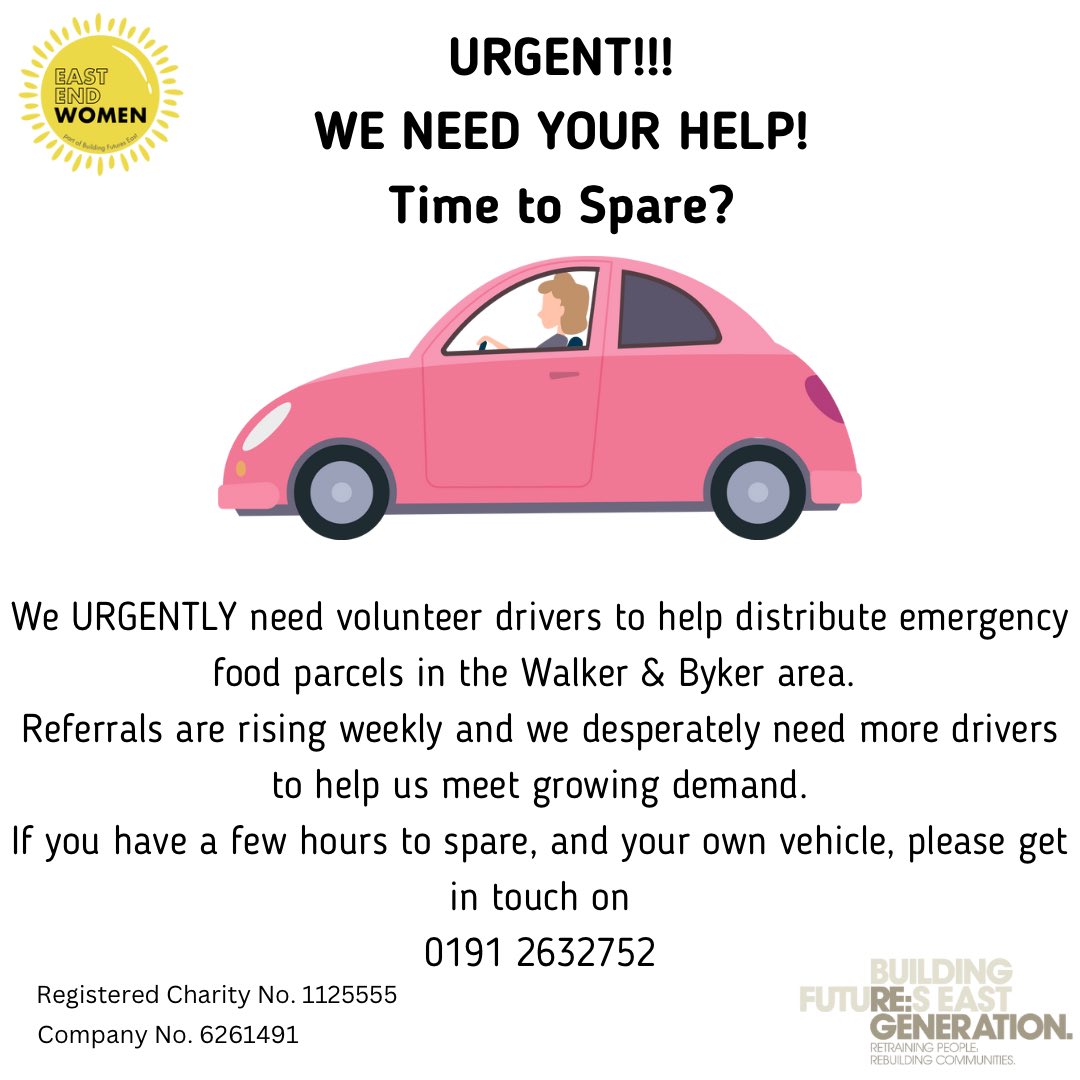 We URGENTLY need your help!
If you have your own vehicle and a couple of hours a week to spare, can you help us to distribute emergency food parcels in the Walker &amp; Byker area? 
Referrals are rising weekly and we desperately need more volunteers to help us meet this demand.