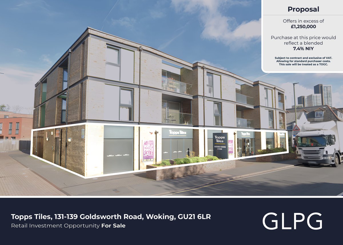 A well located ground-floor 🛍 retail unit fronting the busy Goldsworth Road in Woking, West of the town Centre, trading as Topps Tiles.

Further information is available at glpg.co.uk/properties/gol… 

#retail #investmentopportunity # Woking #GU21
