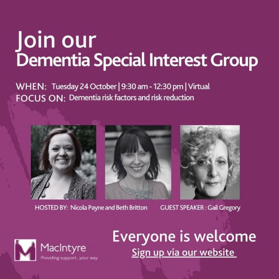 Can’t wait to co host @meetmacintyre  #Dementia  special interest group taking place next week with the wonderful <a href="/bethyb1886/">Beth Britton MBE 💚</a> and our guest speaker <a href="/GailGre59728262/">Gail Gregory</a> still plenty of time to sign up <a href="/DementiaUK/">Dementia UK</a> <a href="/alzheimerssoc/">Alzheimer's Society</a> <a href="/DemCarersCount/">Dementia Carers Count</a> <a href="/DementiaVoices/">DEEP UK</a> @DementiaLD <a href="/HealthLD/">MacIntyre Health Team</a> 💜