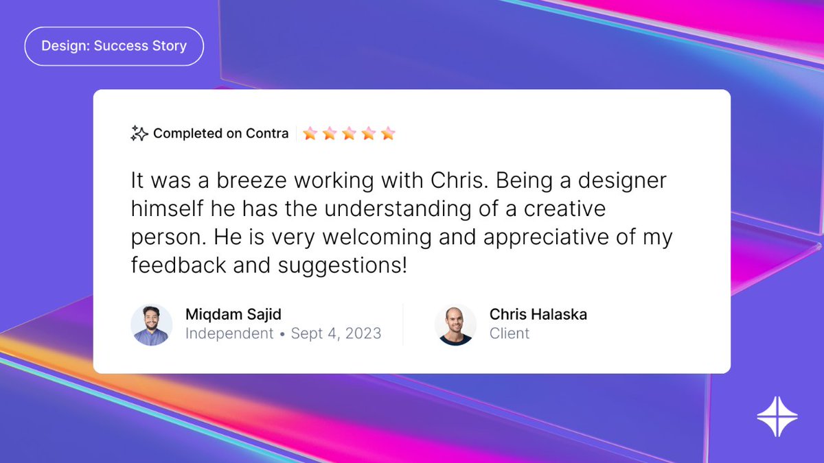 contra's tweet photo. This is amazing! Clients also love it when you recommend them 🤩
Check out this testimonial from Miqdam for @chalaska!
Hire Miqdam on Contra: https://t.co/dx12q24NYx
#anotherhappyclient https://t.co/NfQSgN8c8o