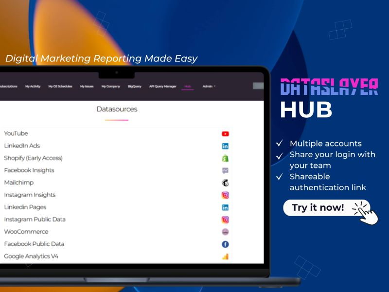 Dataslayers's tweet image. Connect multiple accounts, share auth links, and boost efficiency with Dataslayer Hub! 🚀
Now supporting Facebook, Instagram, LinkedIn, Mailchimp, and YouTube! 🔥
Learn more ➡ help.dataslayer.ai/en/article/abo…
#Dataslayer #PCCReports