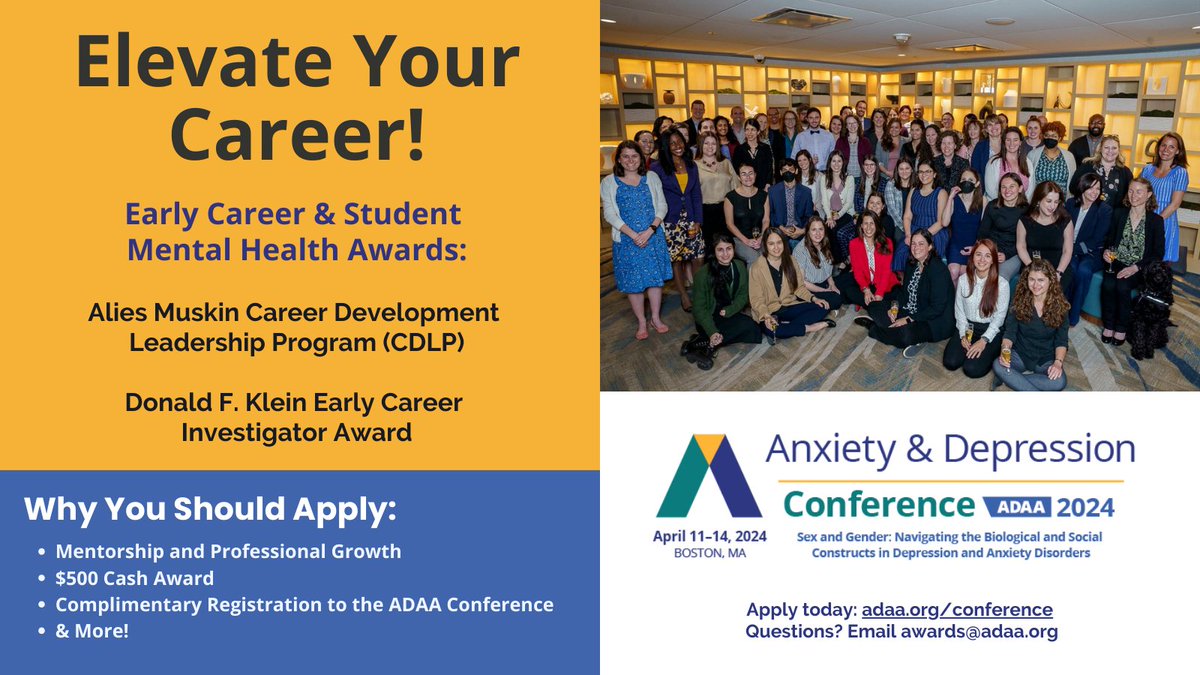 Calling grad students, early-career clinicians & researchers in mental health! Elevate your career w/ the ADAA Career Development Leadership Program. Award includes mentorship, networking, conference registration, & a $500 cash award. Apply by 11/1: adaa.societyconference.com/v2/