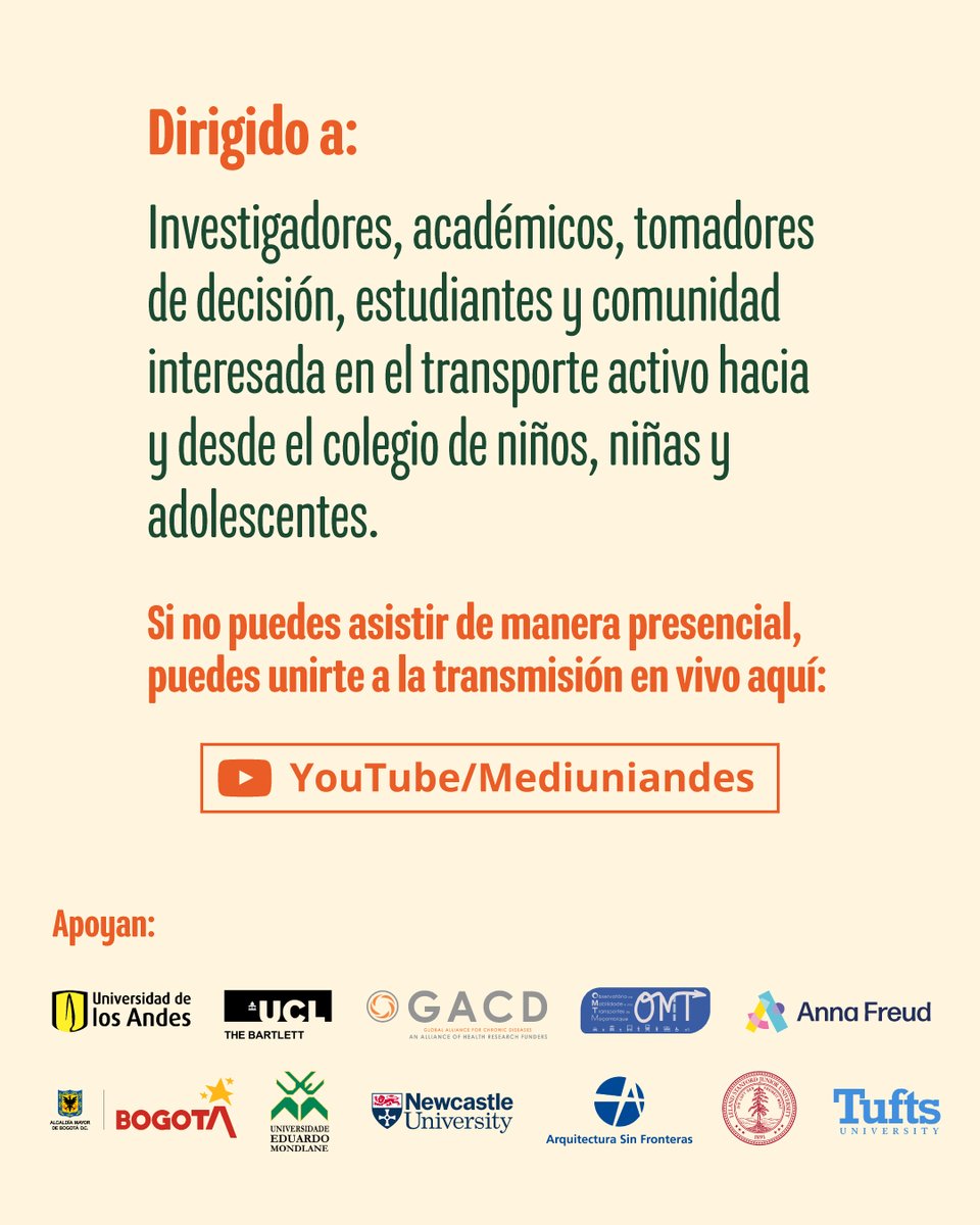 Te invitamos al evento de lanzamiento del proyecto 'De Camino Al Colegio'🗓️ 3 de noviembre ⌚ 8:00 a.m. Inscríbete ➡️ live.eventtia.com/es/camino-al-c… #MovilidadInfantil @BartlettArchUCL @gacd_media @MobilidadeDe @AFNCCF @Bogota @uemmoz @UniofNewcastle @ASF_ONG @Stanford @TuftsUniversity