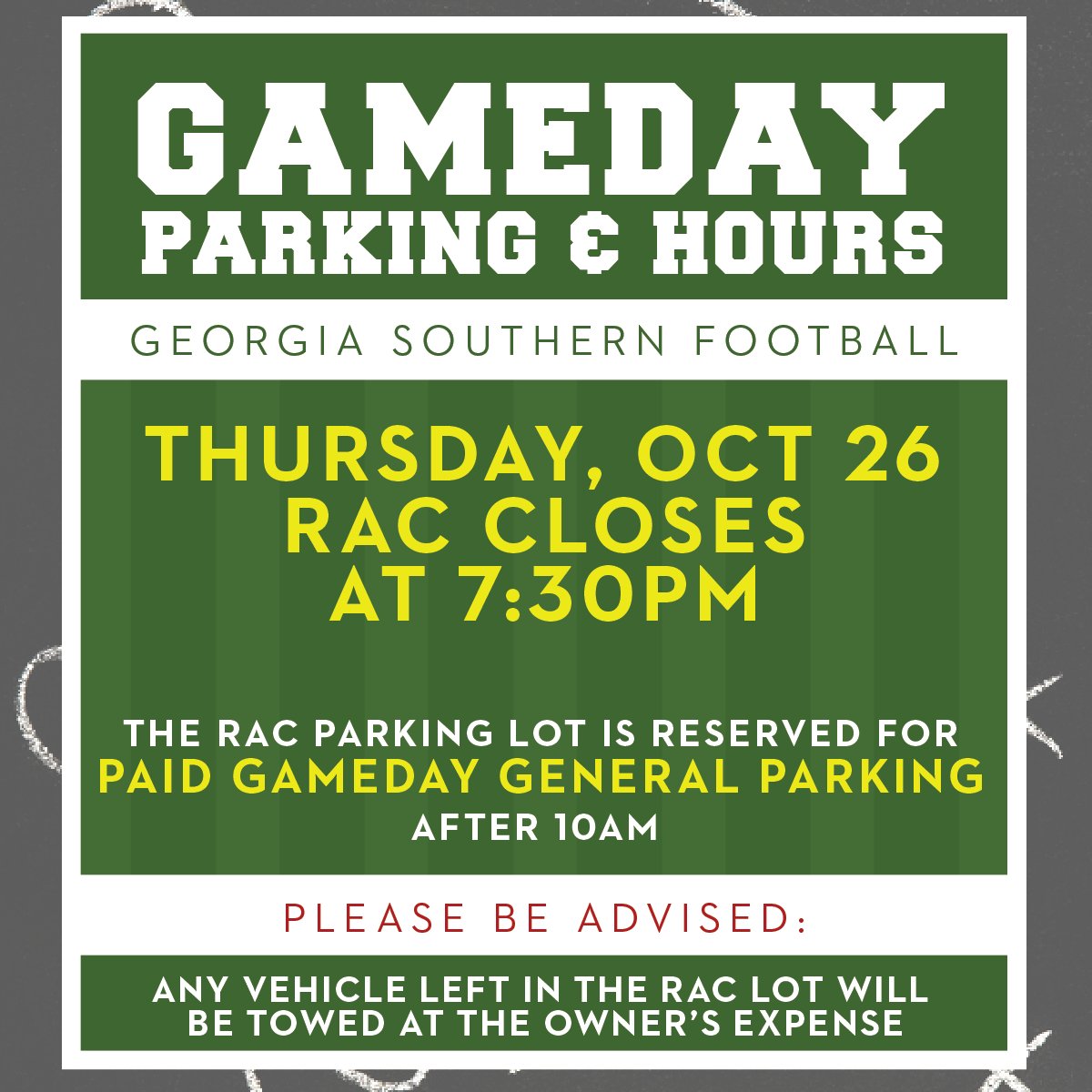Happy Game Day! Just a reminder that the RAC will be closing at kickoff (7:30pm) for today's game against Georgia State! #GATA